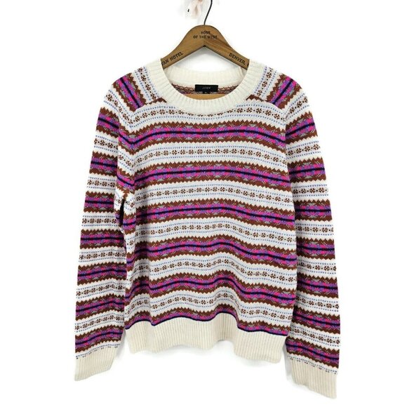 New J Crew Shrunken Fair Isle Sweater Womens XL Ivory Fuchsia Wool Blend - Picture 1 of 5